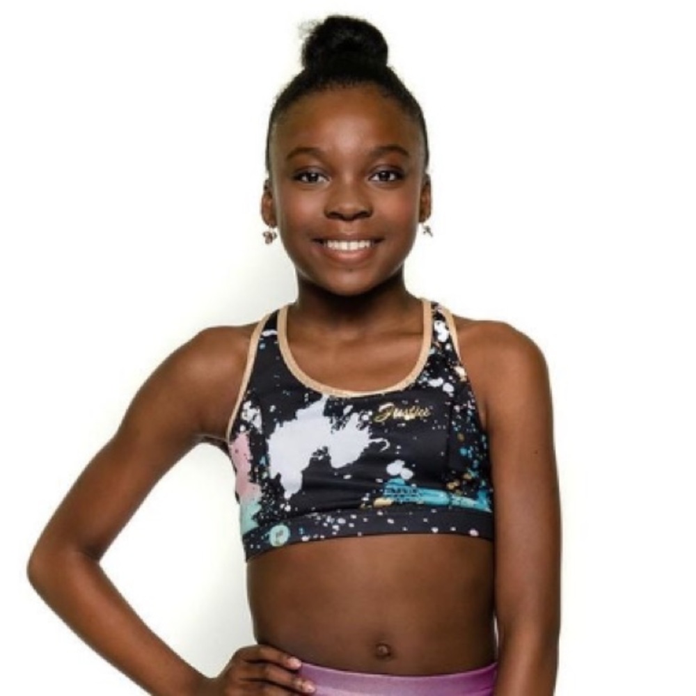 NWOT Justice Girls Splattered Reversible Sports Bra S sz 7/8 Dance Gym
